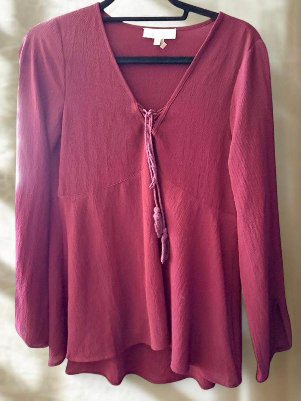Entro Burgundy Lace Up Tassel Peasant Blouse Boho Small